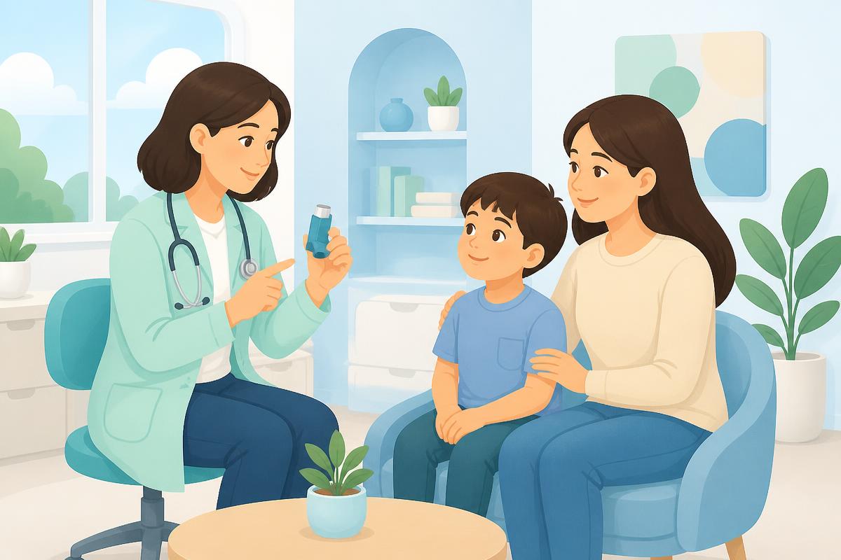 A clinician showing a child how to use an inhaler with a spacer